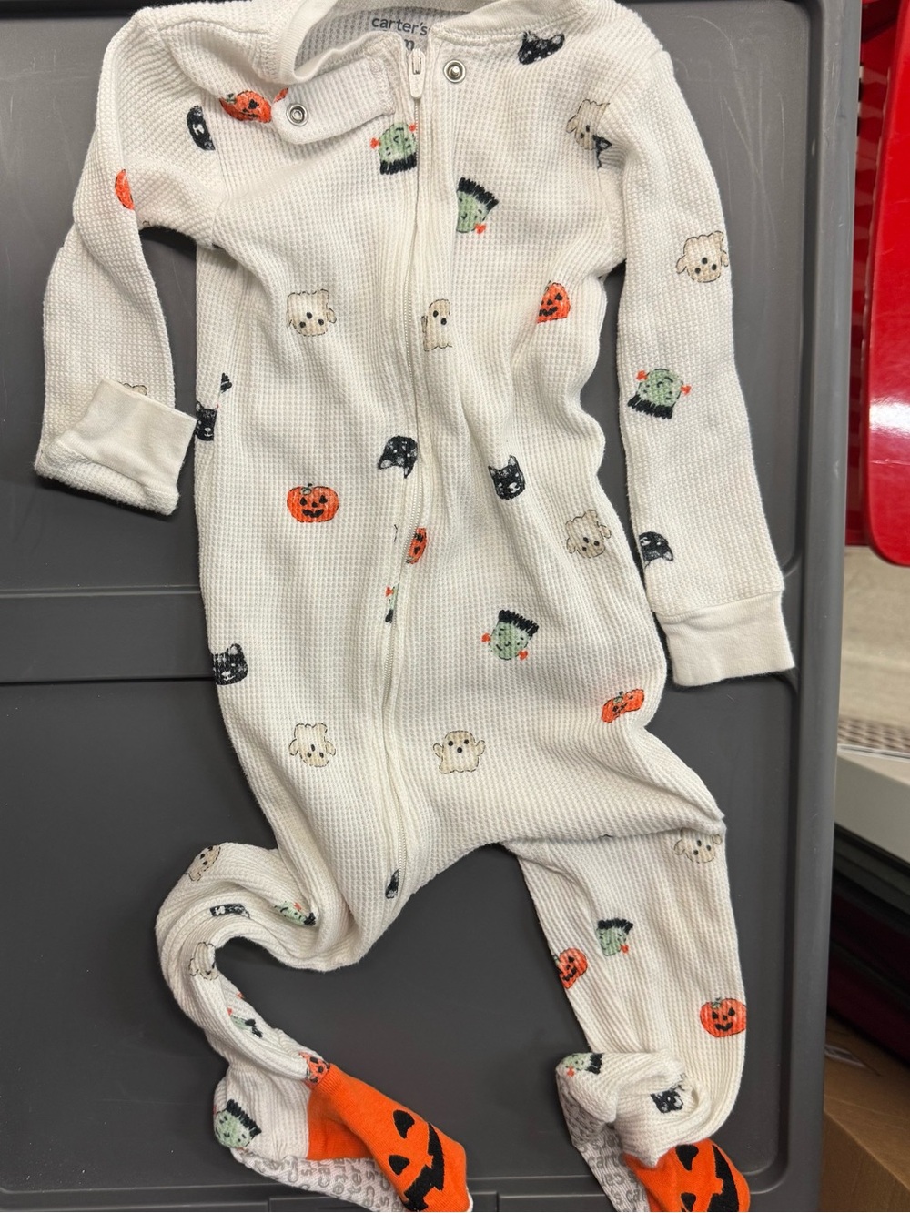 Carter's Cream Waffle-Knit Halloween Footed One-Piece pumpkin